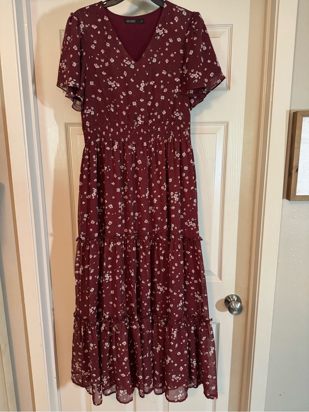 Maroon Floral Tiered Midi Dress